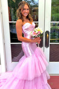 Mermaid Pink Strapless Sweetheart Ruffles Satin Tulle Long Prom Dress