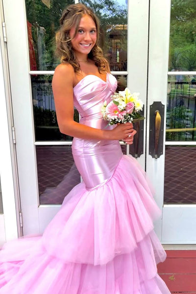 Pink Strapless Sweetheart Ruffles Tulle Long Prom Dress