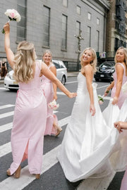 Sheath Straps Square Neck Pink Satin Sleeveless Long Bridesmaid Dress, Pockets Slit