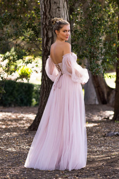 Pink Tulle A Line Long Sleeves Floor Length Prom Dresses With Lace Appliques