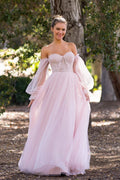 Pink Tulle A Line Long Sleeves Off Shoulder Sweetheart Prom Dress, Lace Appliques