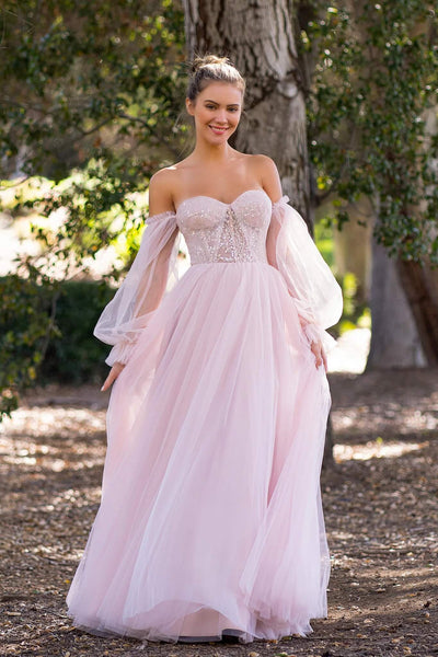 Pink Tulle A Line Long Sleeves Floor Length Prom Dresses With Lace Appliques
