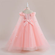 Princess Flowers Off Shoulder Tulle Long Formal Party Girl's Dress, Cape Sleeves Sash