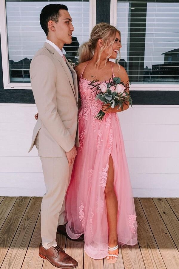 A-line Spaghetti Straps Crisscross Floor Length Pink Tulle Prom Dress, Lace Slit