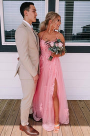 A-line Spaghetti Straps Crisscross Floor Length Pink Tulle Prom Dress, Lace Slit