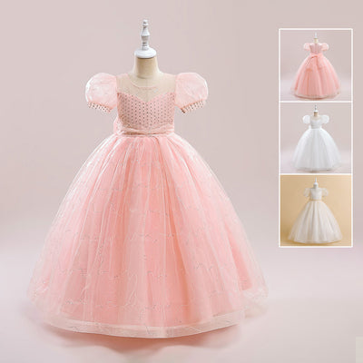 Puffy Sleeve Sequin Tulle Ball Gown Pink Princess Wedding Party Flower Girl Dress