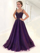 Scoop Neck Illusion Back Sleeveless A-line Floor Length Purple Stain Prom Dress, Crystal
