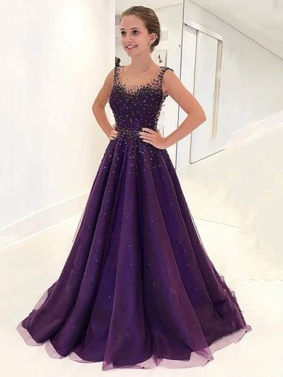 Vestido de fiesta con escote redondo, espalda de ilusión, sin mangas, corte en A, hasta el suelo, color morado, cristal