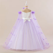 Princess Flowers Off Shoulder Tulle Long Formal Party Girl's Dress, Cape Sleeves Sash