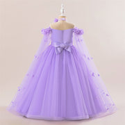 Princess Flowers Off Shoulder Tulle Long Formal Party Girl's Dress, Cape Sleeves Sash