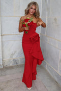 Sheath Red Strapless Ruffles Ruched 3D Flower Satin Long Prom Dress