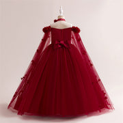 Princess Flowers Off Shoulder Tulle Long Formal Party Girl's Dress, Cape Sleeves Sash