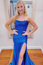 Mermaid  Strapless Scoop Sequin Satin High Slit Long Prom Dress