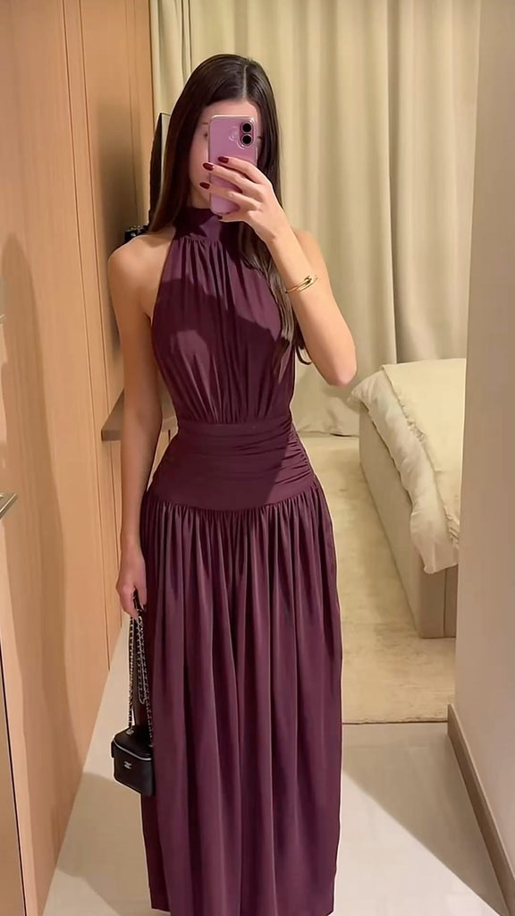 Ruched Halter-Neck Column Gown, Dropped Waist - Princessly Ruched Halter-Neck Column Gown, Dropped Waist - Princessly