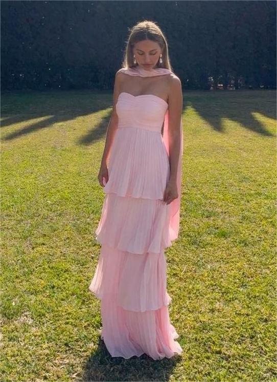 Ruched Sweetheart Maxi Gown with Pleated Tiers and Scarf - Princessly Ruched Sweetheart Maxi Gown with Pleated Tiers and Scarf - Princessly