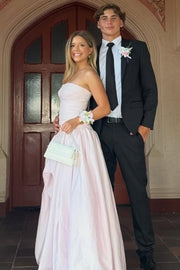 Yellow A-Line Strapless Empire-Waist Satin Long Prom Dress with Slit