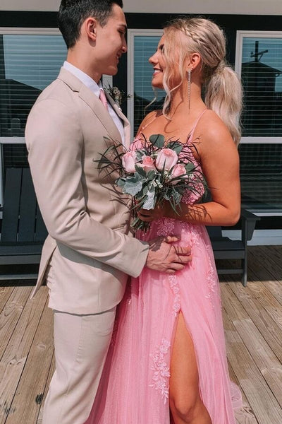 A-line Spaghetti Straps Crisscross Floor Length Pink Tulle Prom Dress, Lace Slit
