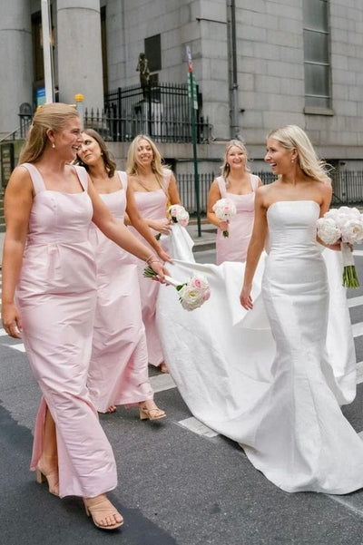 Sheath Straps Square Neck Pink Satin Sleeveless Long Bridesmaid Dress, Pockets Slit