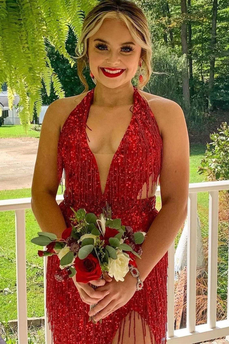 Red Halter Ruffle Tiered Long Prom Dress with Slit