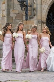 Sheath Strapless Pleated Pink Satin Floor Length Bridesmaid Dress, Bow Straps Slit