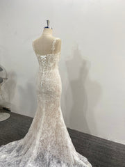 Lace Mermaid Wedding Dress Spaghetti Strap 3D Floral Beading Court Train