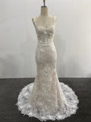 Lace Mermaid Wedding Dress Spaghetti Strap 3D Floral Beading Court Train