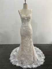Lace Mermaid Wedding Dress Spaghetti Strap 3D Floral Beading Court Train