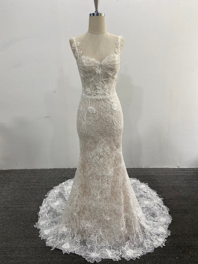 Lace Mermaid Wedding Dress Spaghetti Strap 3D Floral Beading Court Train