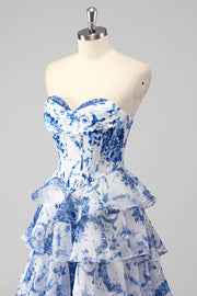 Blue White Floral A-Line Sweetheart Chiffon Tiered Long Prom Dress, Slit