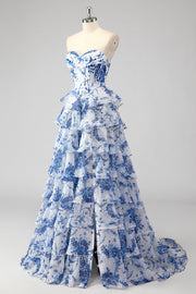 Blue White Floral A-Line Sweetheart Chiffon Tiered Long Prom Dress, Slit