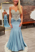 Mermaid Blue Satin Spaghetti Straps V-neck Open Back Pleated Prom Gown, Beading