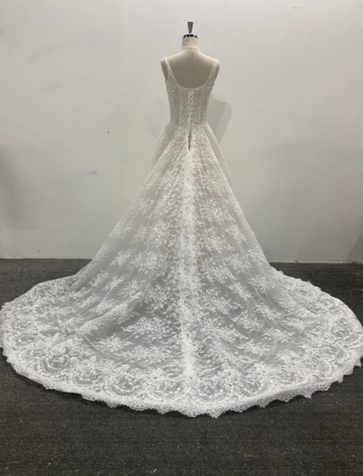 Beaded A-line Lace Wedding Dress Scoop Neck Sleeveless Ivory In Stock