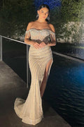 Off-Shoulder Beads Side Slit Mermaid Long Prom Formal Dress