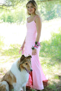 Pink Spaghetti Straps Satin Sleeveless Scoop Long Prom Dress, Slit