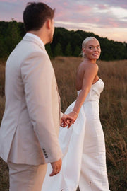 Strapless A-Line Satin Sleeveless Pleated Simple Wedding Dress