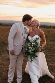 Strapless A-Line Satin Sleeveless Pleated Simple Wedding Dress