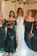 Green Off-Shoulder Satin Pleated Long Bridesmaid Dress, Slit
