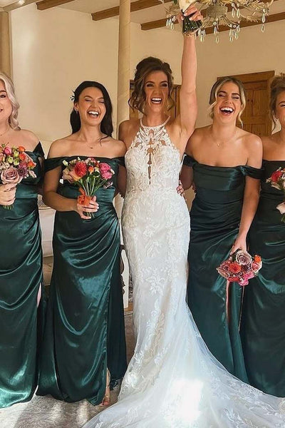 Green Off-Shoulder Satin Pleated Long Dress with Slit