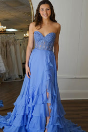 A-Line Strapless V-Neck Empire-Waist Ruffles Chiffon Long Dress
