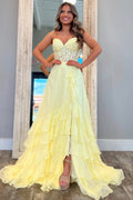 A-Line Strapless V-Neck Lace Ruffles Chiffon Long Prom Party Dress