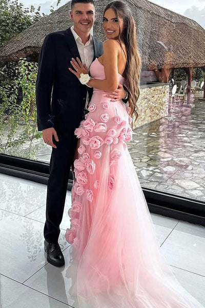 Pink Strapless A-Line 3D Flower Side Slit Long Formal Dress