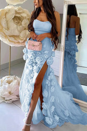 Pink Strapless A-Line 3D Flower Side Slit Long Formal Dress