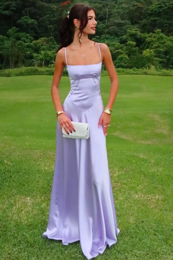 green emerald velvet dress A-Line Square Neck Spaghetti Straps Sleeveless Lilac Satin Floor Length Prom Dress