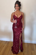Sheath Spaghetti Straps Burgundy V-Neck Sequined Long Prom Dress, Slit