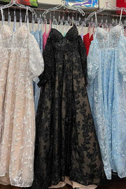 Princess Sweetheart Lavender Bustier Puff Sleeve Lace Long Prom Gown, Slit