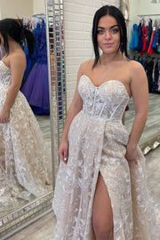 Princess Sweetheart Lavender Bustier Puff Sleeve Lace Long Prom Gown, Slit