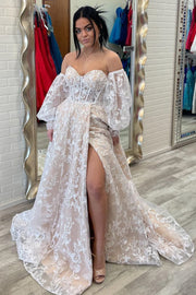 Princess Sweetheart Lavender Bustier Puff Sleeve Lace Long Prom Gown, Slit