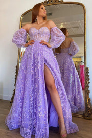 Princess Sweetheart Lavender Bustier Puff Sleeve Lace Long Prom Gown, Slit