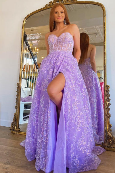 Princess Sweetheart Lavender Bustier Puff Sleeve Lace Long Prom Gown, Slit