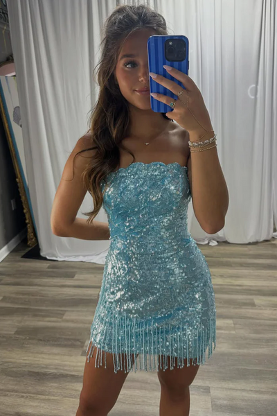 Sparkly Blue Strapless Sequined Sleeveless Mini Dress with Tassel